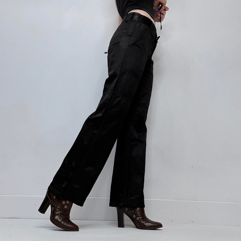 black wide leg flared low rise black satin jeans