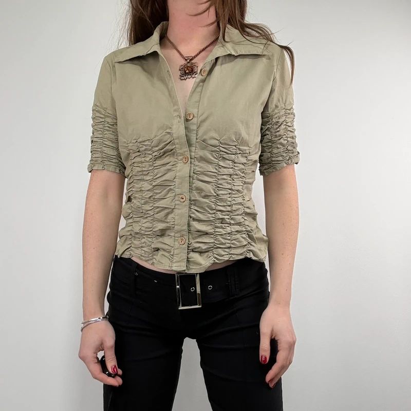 gathered khaki pleated shirt