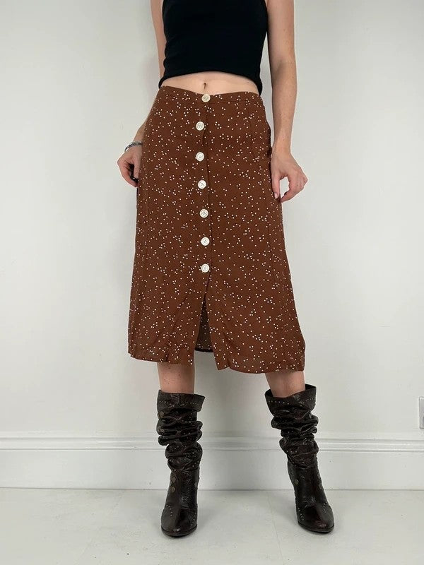 Brown polkadot button Rouje midi skirt