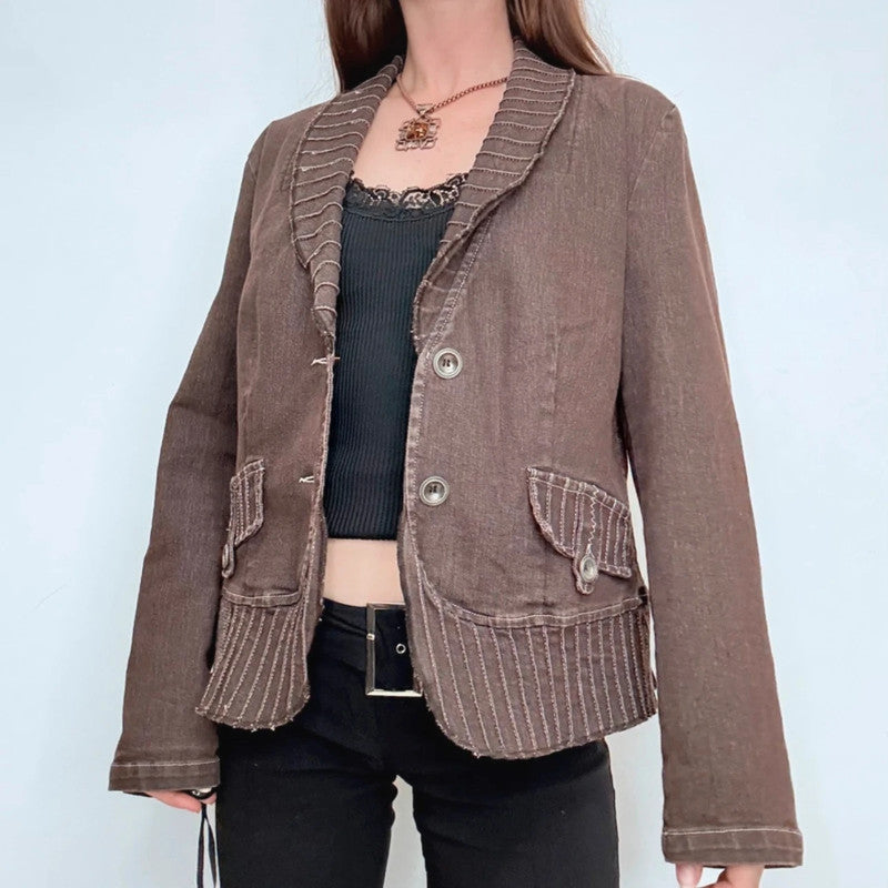 brown flared distressed pinstriped stitched jacket