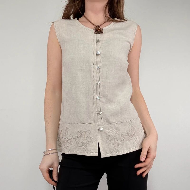 tan linen button vest