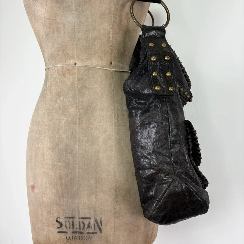 Black studded stitched slouchy shoulder bag