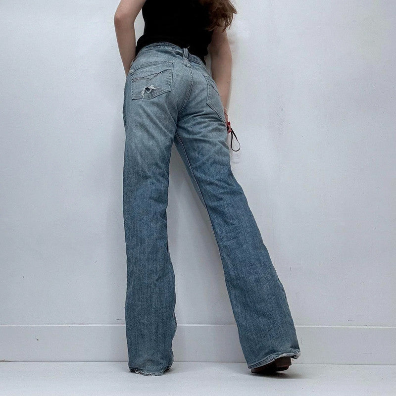 distressed flared leg low rise jeans