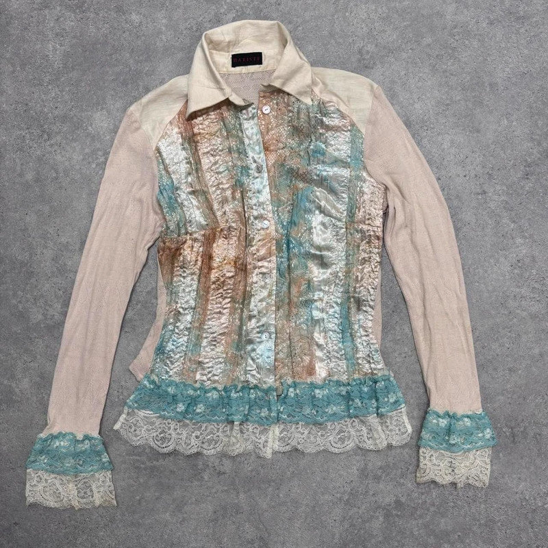 lace flared satin ruffle shirt