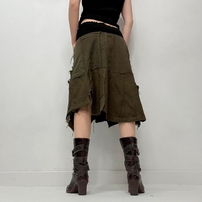 khaki fold over waistband midi skirt
