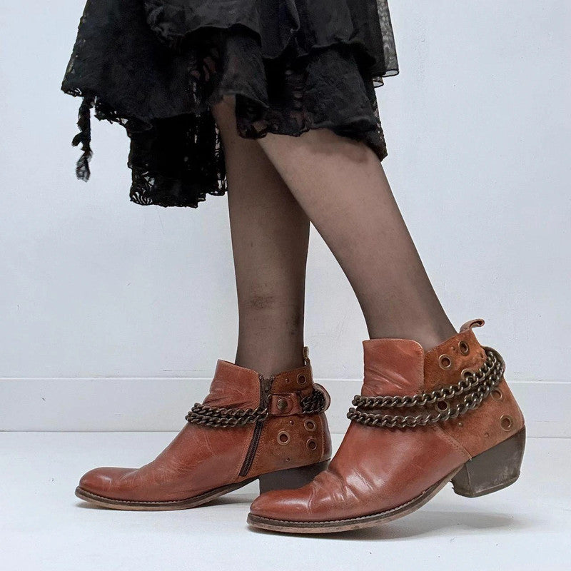 brown leather studded buckle boots