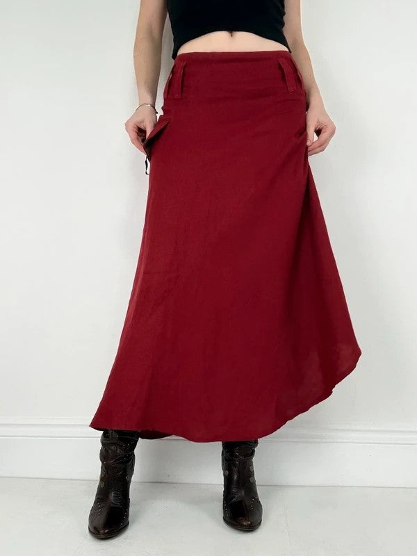 red linen bias cut asymmetric maxi skirt