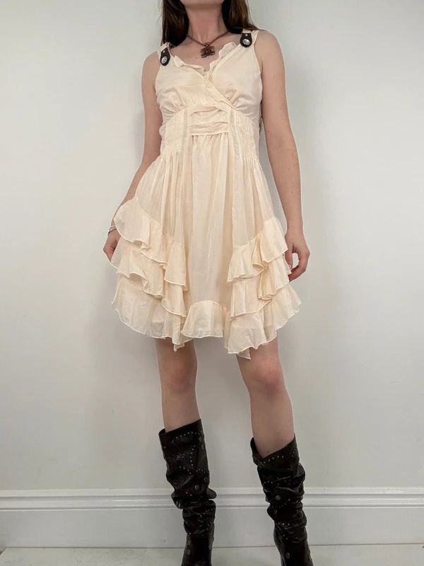 cream layered ruffle cotton silk summer mini dress