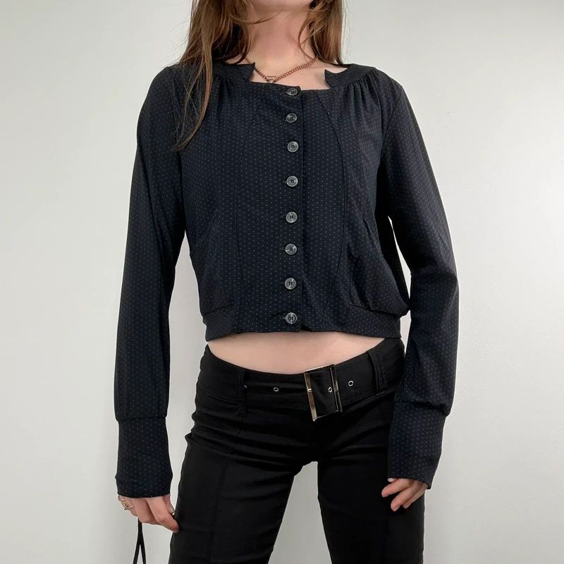 black polkadot cropped stuctured button through shirt