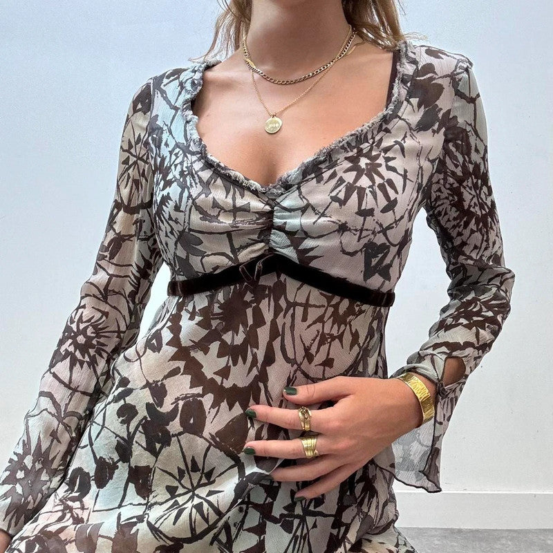 Silk sheer patterned long sleeve mini dress