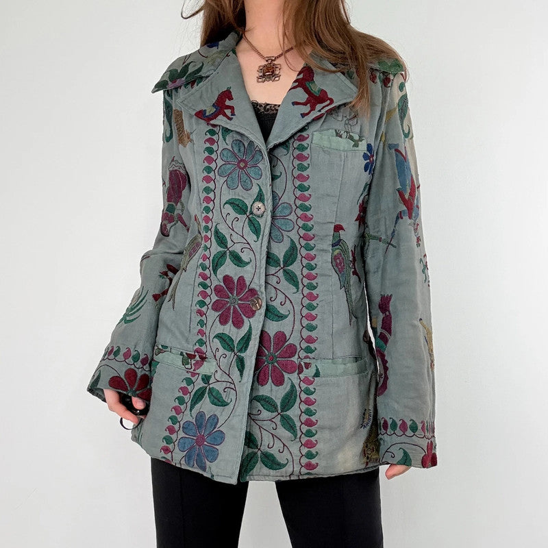 Khaki embroidered boho hippie jacket