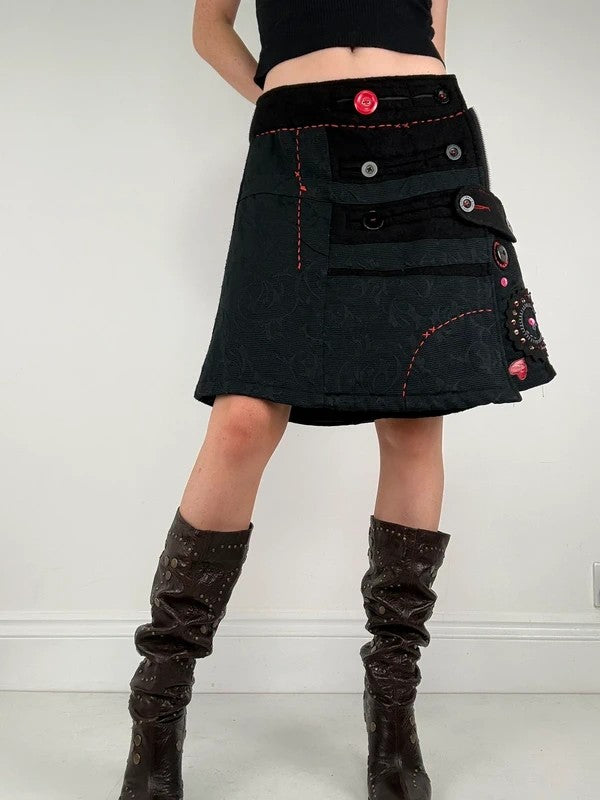 Flared black wool abstract button midi skirt