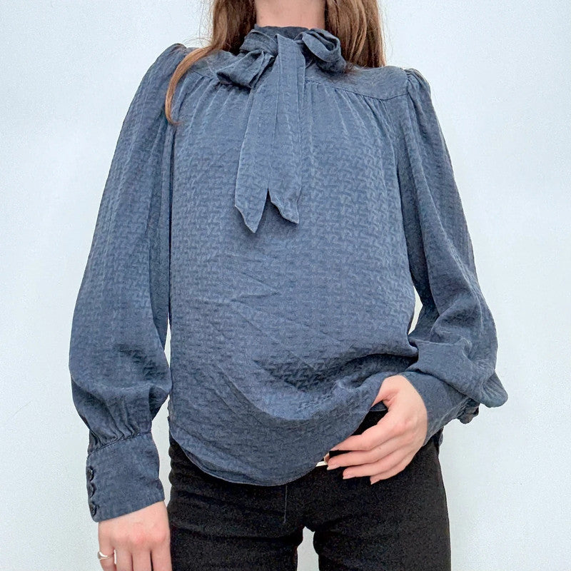 navy silk puff textured blouse