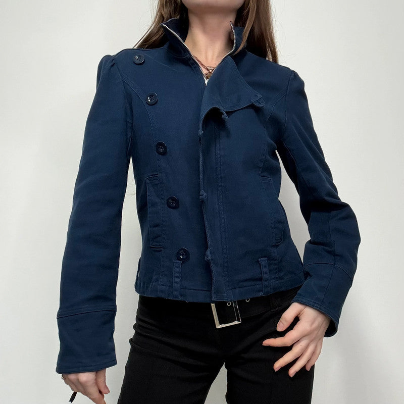 blue asymmetric button military jacket