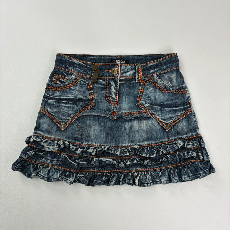 distressed ruffle denim y2k mini skirt