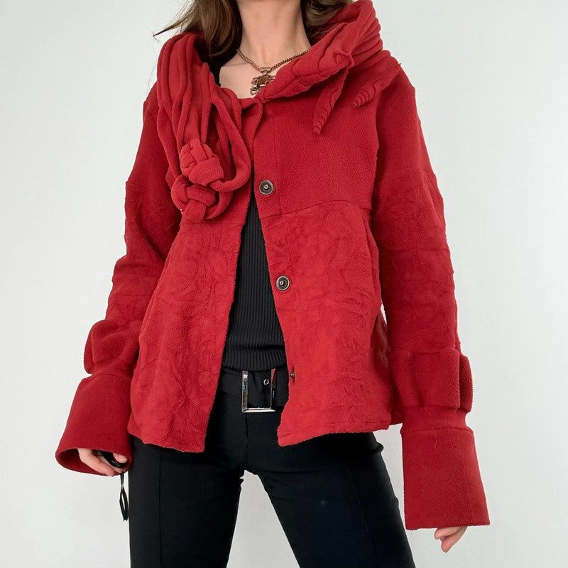 asymmetric red flared fleece jacket