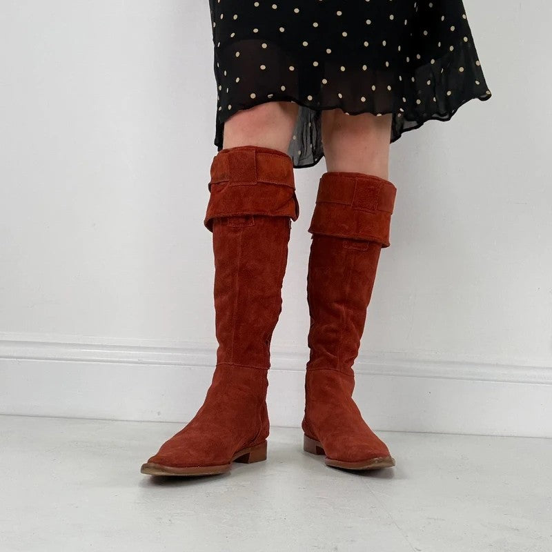 Pointed toe burnt orange suede buckle 70s boots