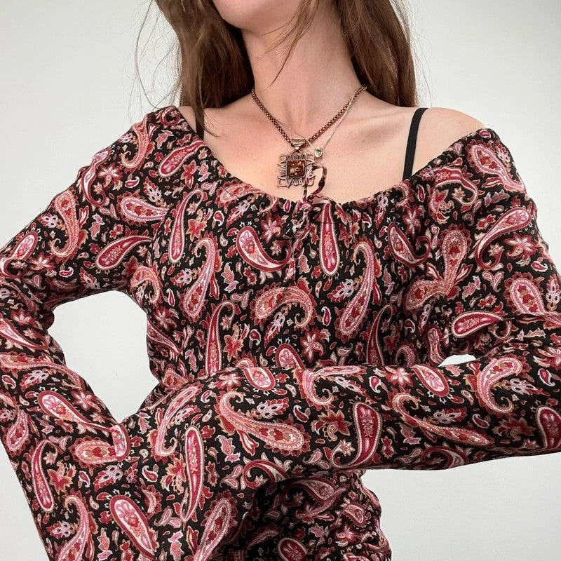 paisley flared wide neck blouse