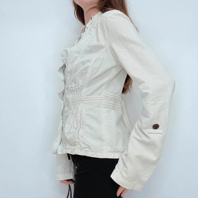 white linen fitted flared regency napoleonic jacket