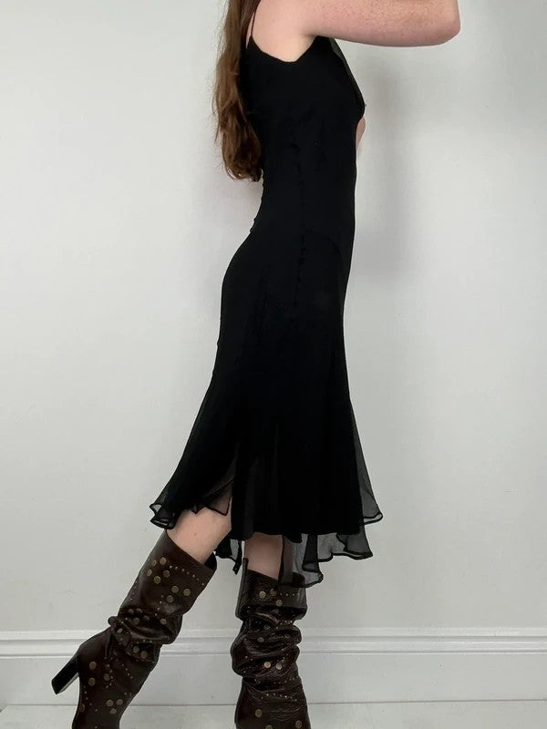 black silk bias cut layered flutter dress