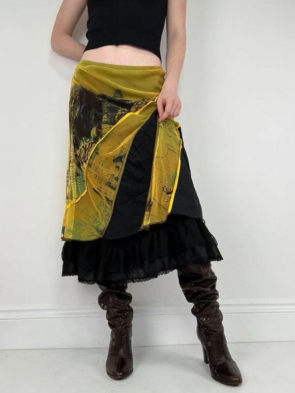 Patchwork graphic mesh layered long skirt