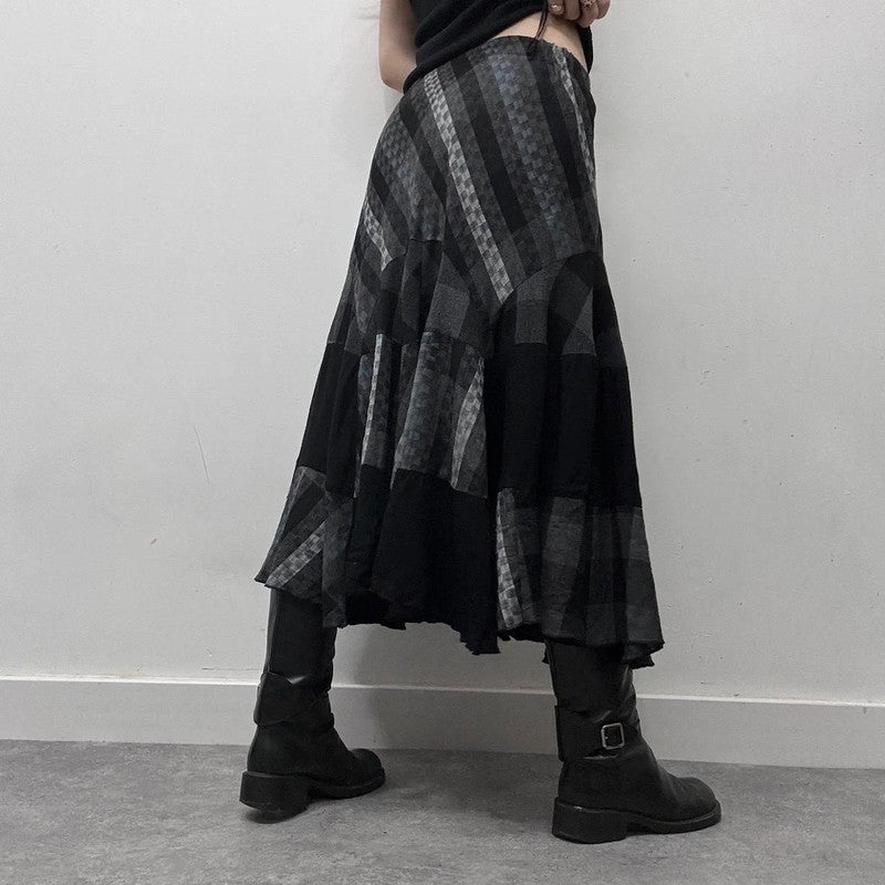 black striped tartan flare maxi skirt