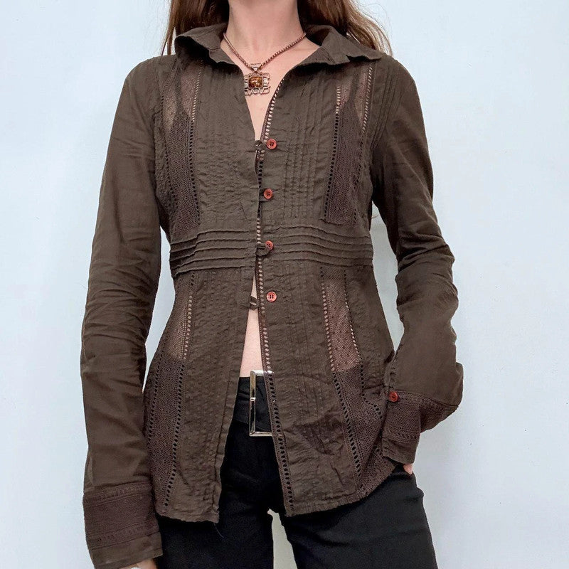 brown lace flared sheer shirt
