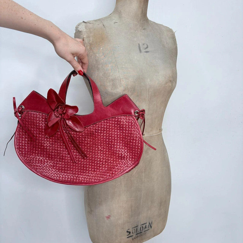 woven red leather flower bag