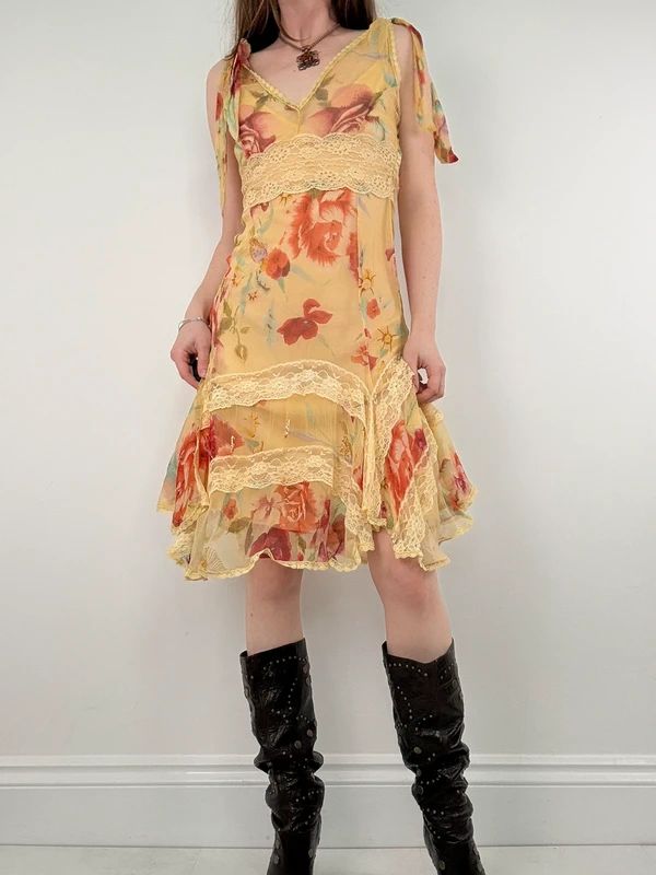 Butter yellow summer dress layered floral watercolour