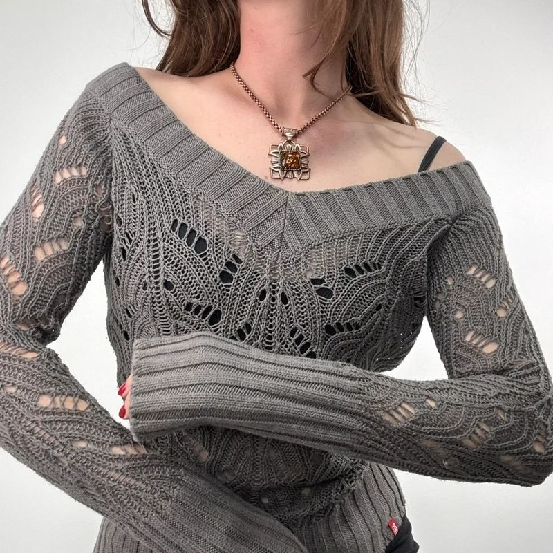 khaki lace knit off the shoulder slouchy jumper