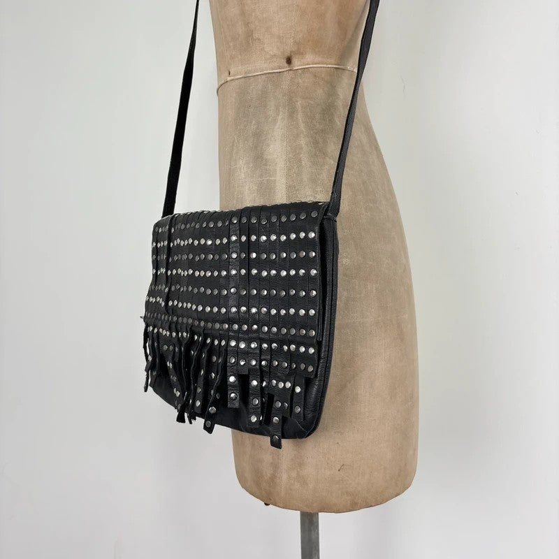 Black leather studded tassel crossbody bag