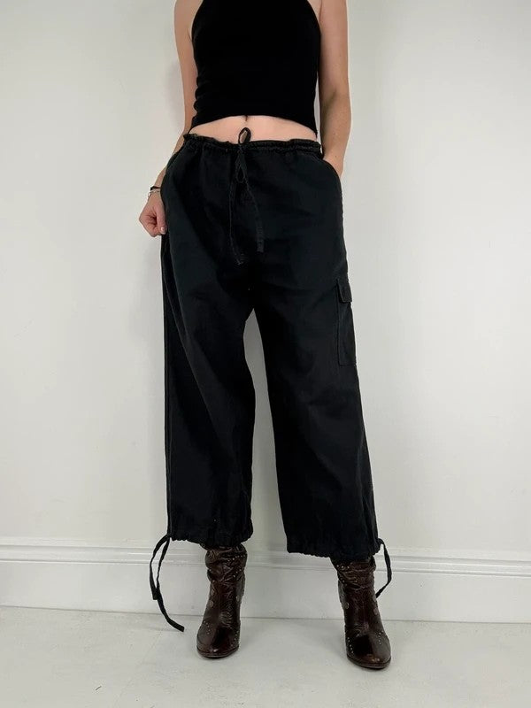 navy drawstring linen low rise trousers