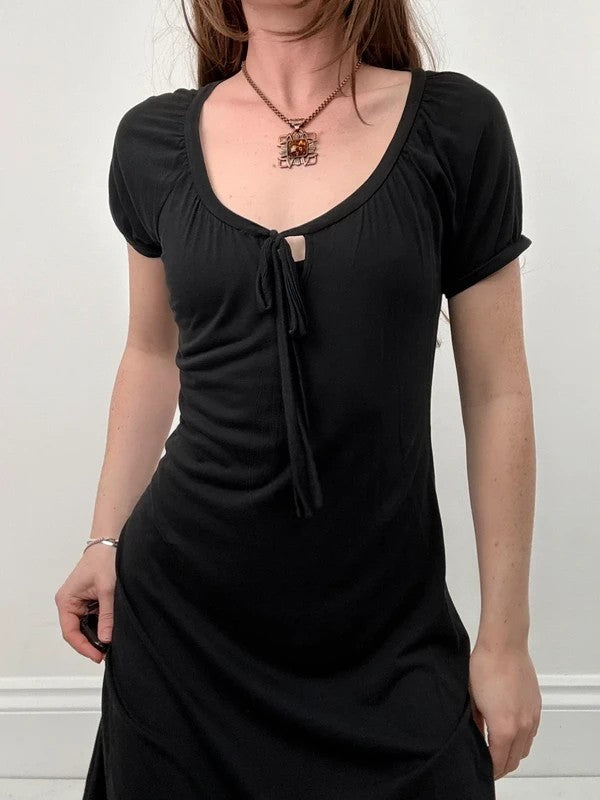slouchy black bow neck mini dress