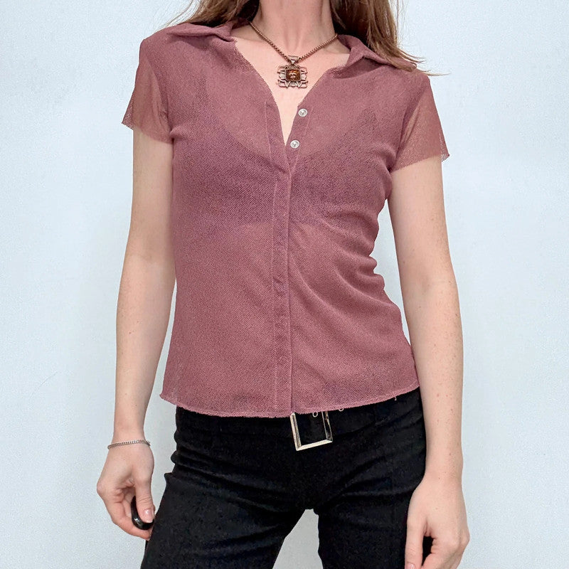 pink sheer mesh button shirt