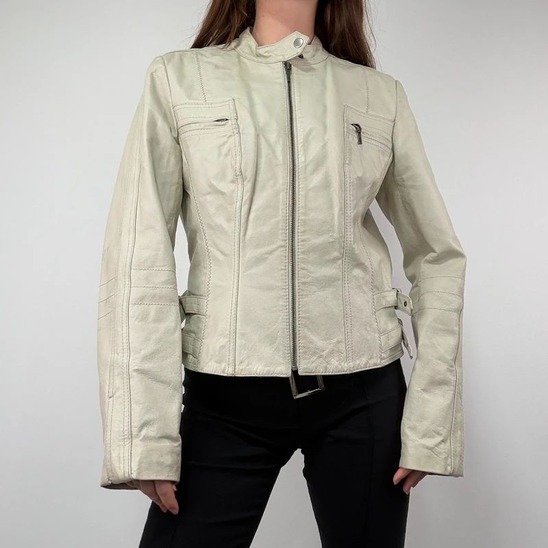 Cream Cropped Leather Biker Jacket