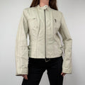 Cream Cropped Leather Biker Jacket