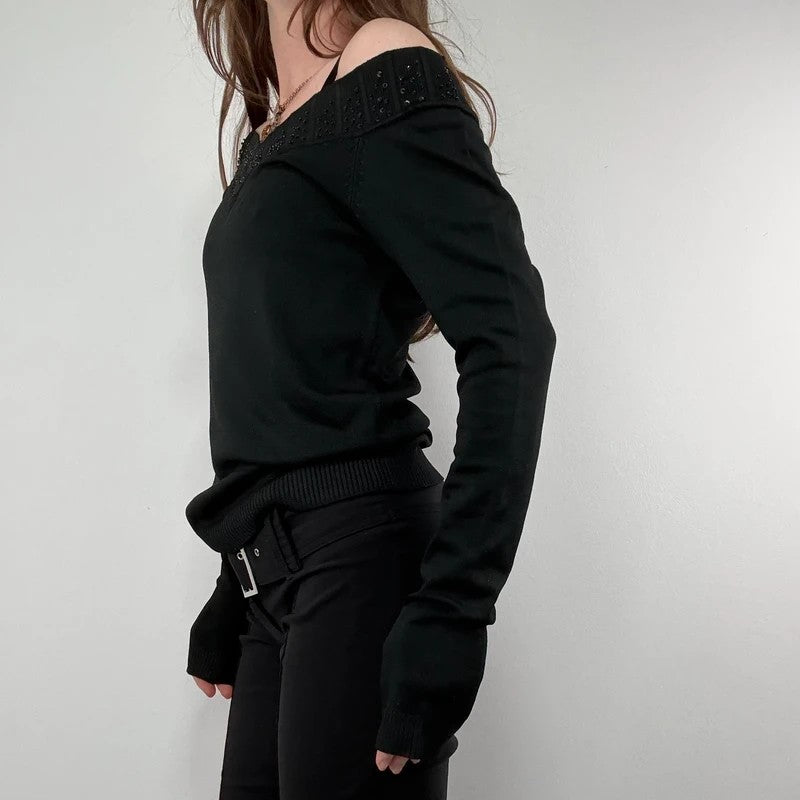 slouchy black off the shoulder glitter ribbed sweater