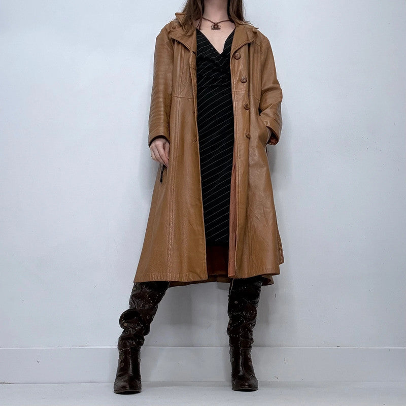 tan leather long trench coat