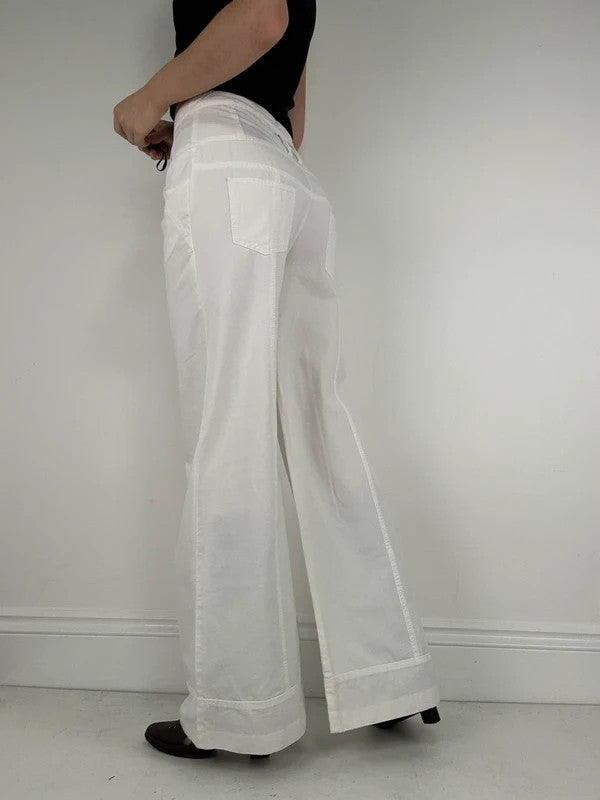 white flared wide leg button front cotton trousers