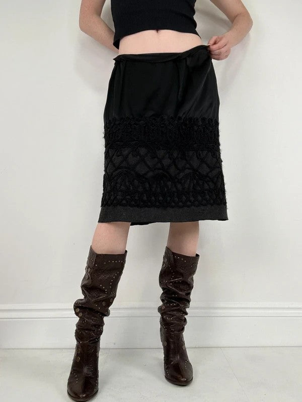 black silk embroidered napoleonic wool midi skirt