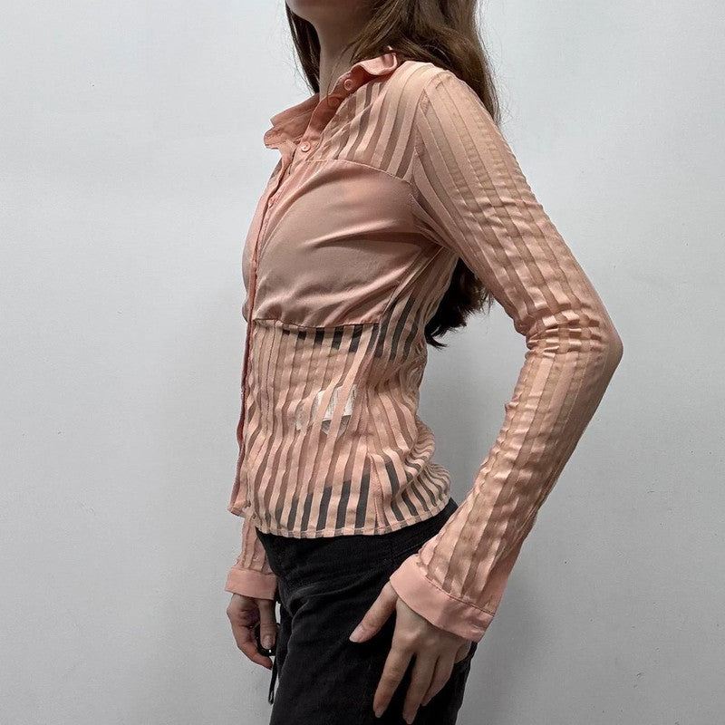 pink mesh pinstripe sheer flared shirt