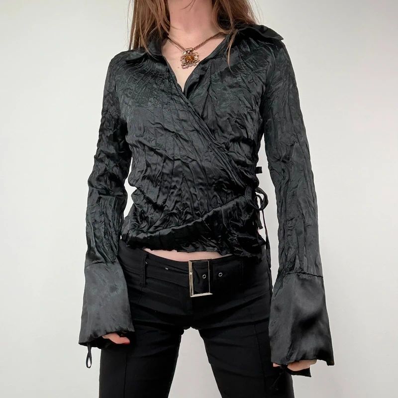 black crinkle satin cropped wrap shirt