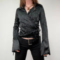 black crinkle satin cropped wrap shirt