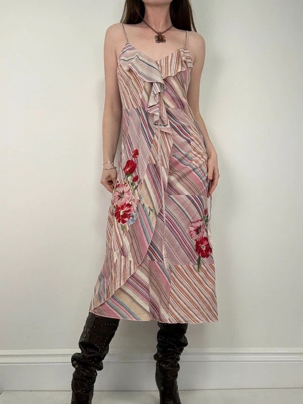 pink pinstripe flared ruffle maxi dress