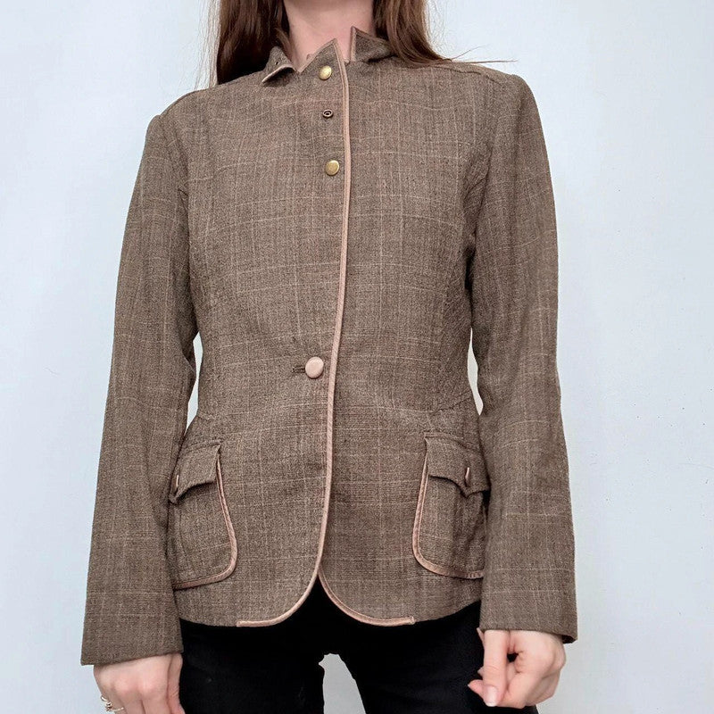brown tweed high neck popper jacket
