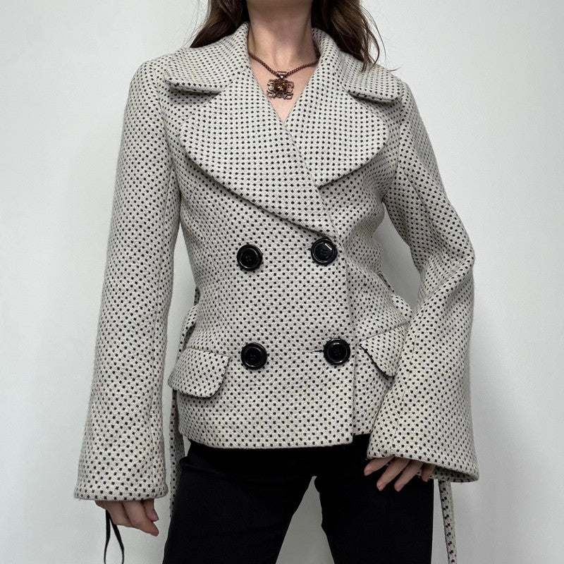 cream wool polkadot flared pea coat