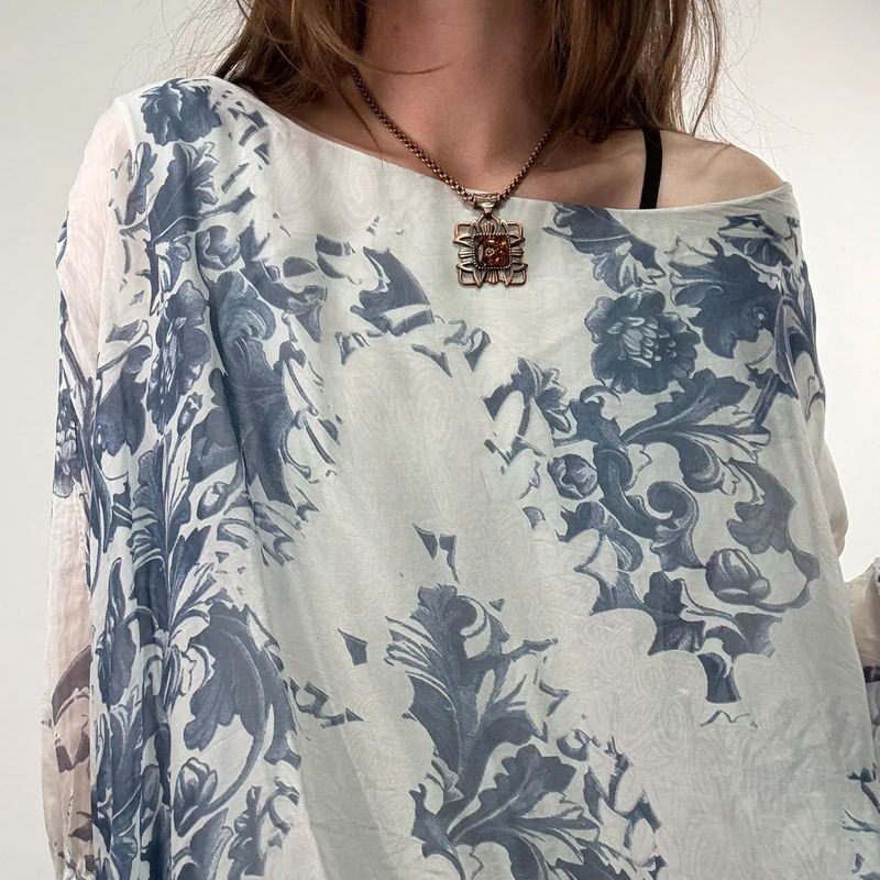 white and blue silk draped regency printed batwing blouse