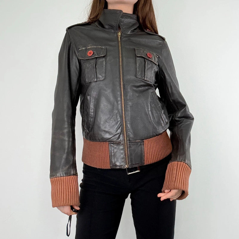 brown leather cinched ribbed waistband jacket