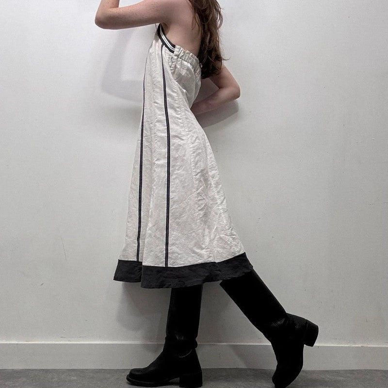 white linen flared ribbon dress