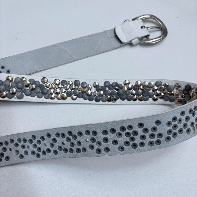 white leather studded metal belt